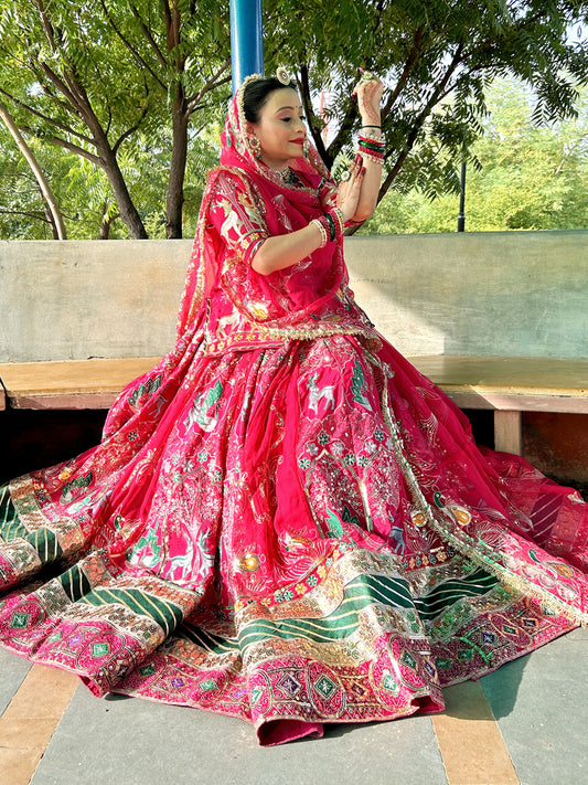 Georgette 7 Meter Flare Gher Premium quality Bridal Vintage Rajputi Poshak In pink color-91639