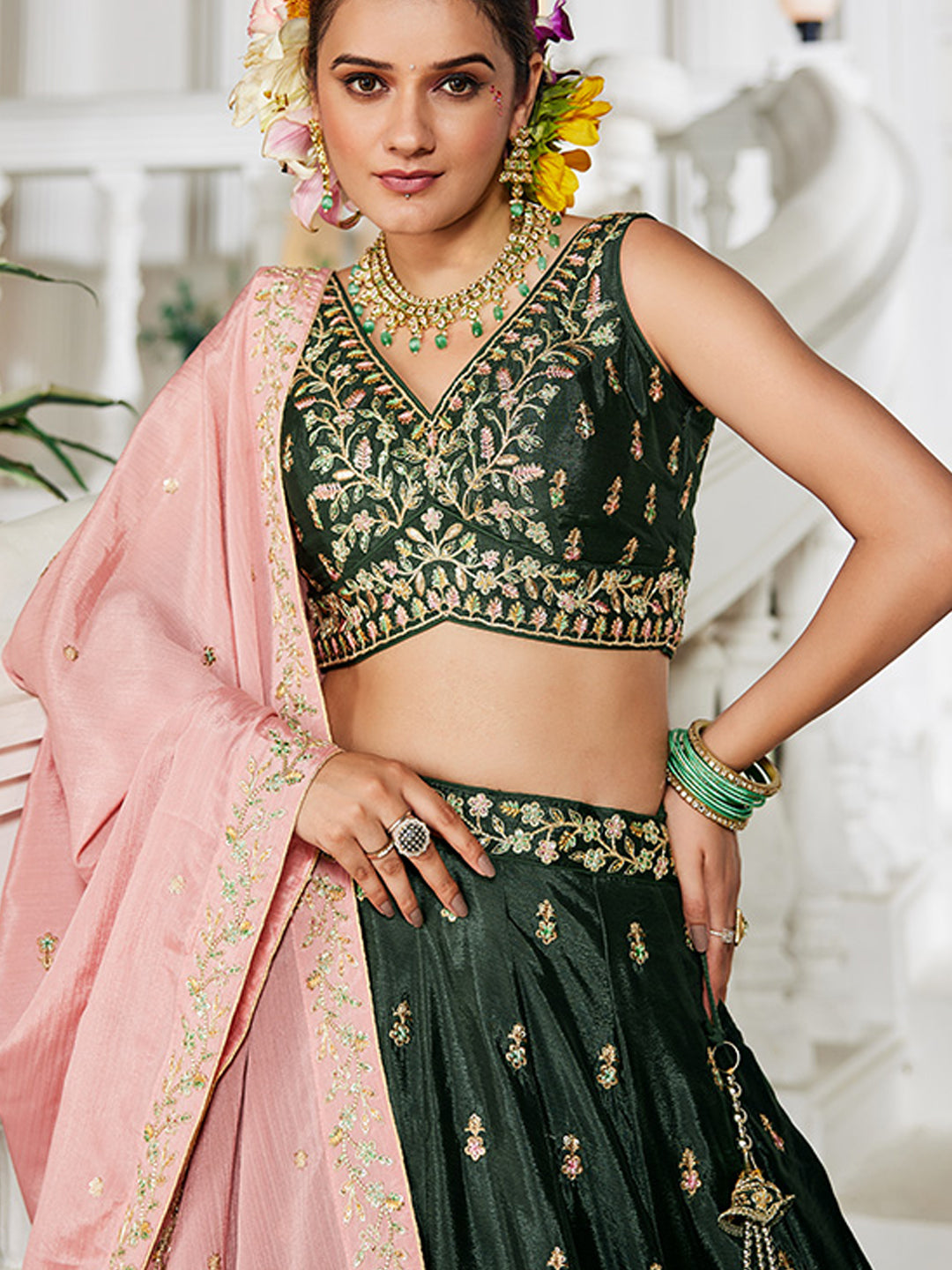 Chinnon Traditional Reception Wedding Lehenga In Green color-41071