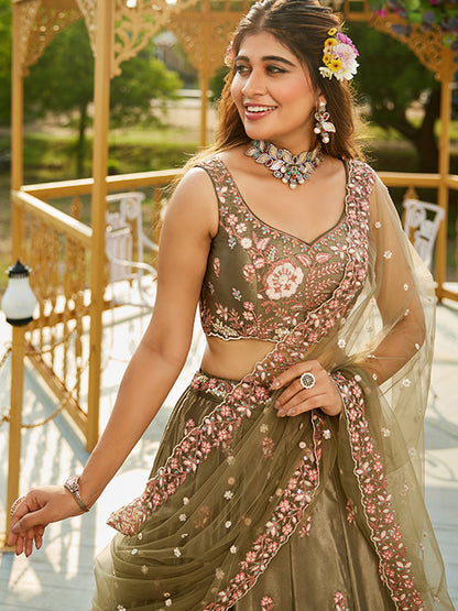Satin Traditional Reception Wedding Lehenga In Green color-41074