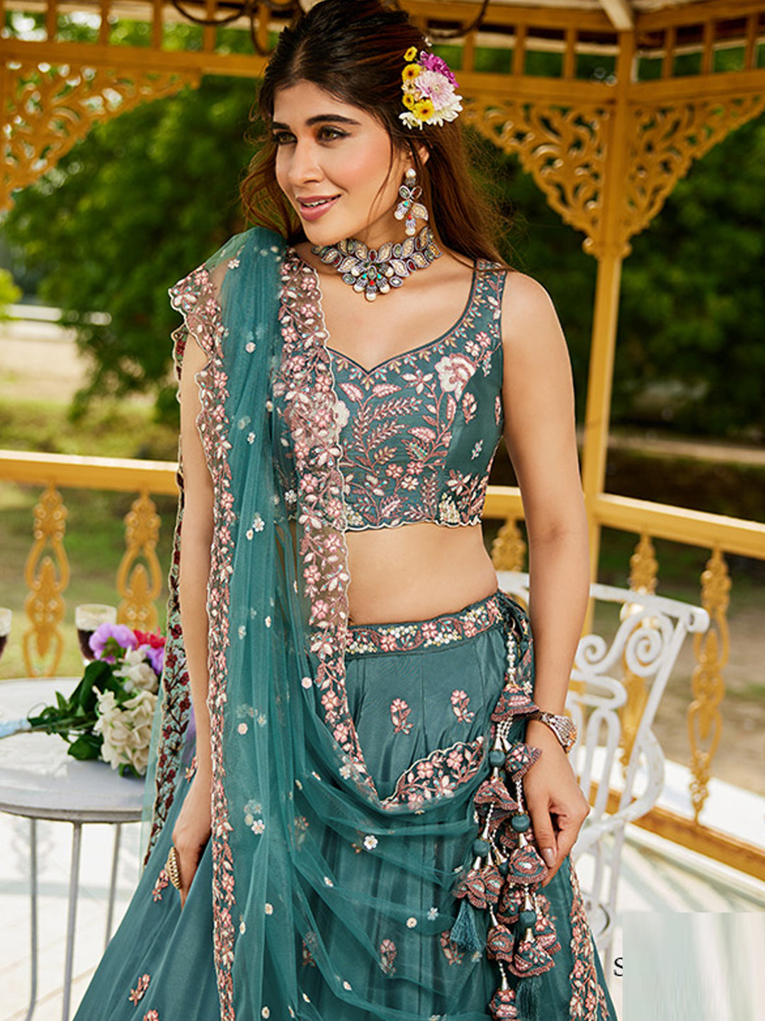 Satin Traditional Reception Wedding Lehenga In Blue color-41076