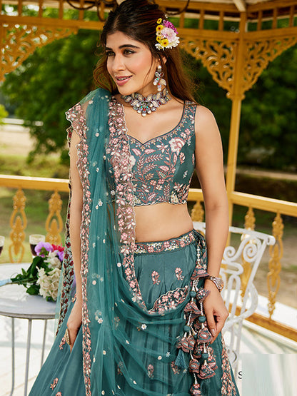 Satin Traditional Reception Wedding Lehenga In Blue color-41076