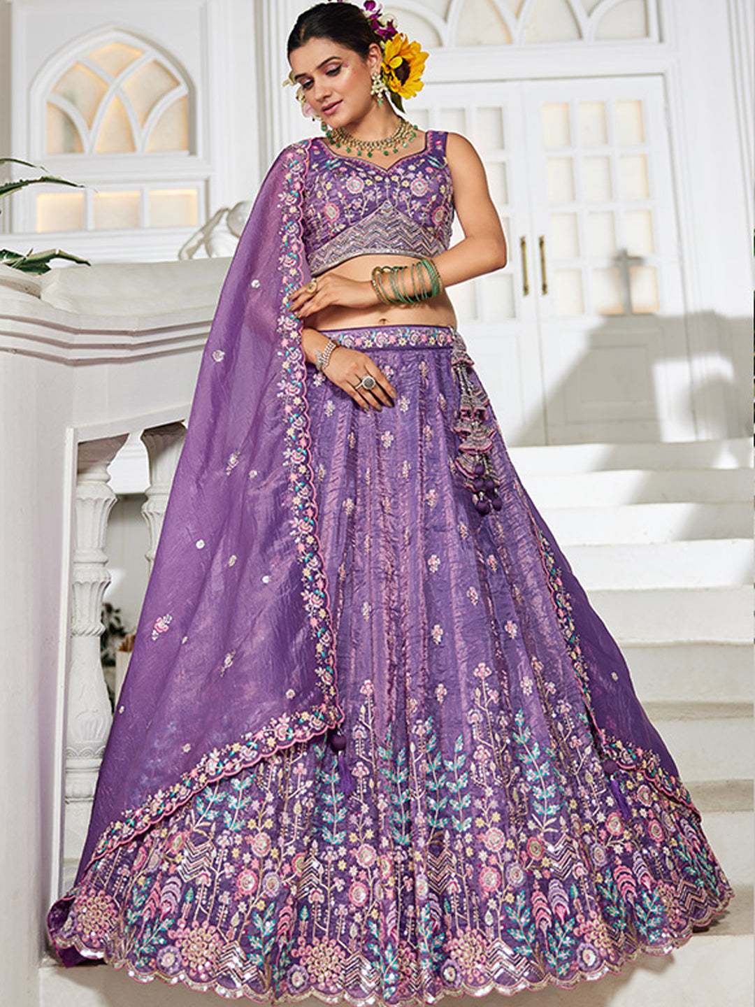 Tissue Traditional Reception Wedding Lehenga In Purple color-41079