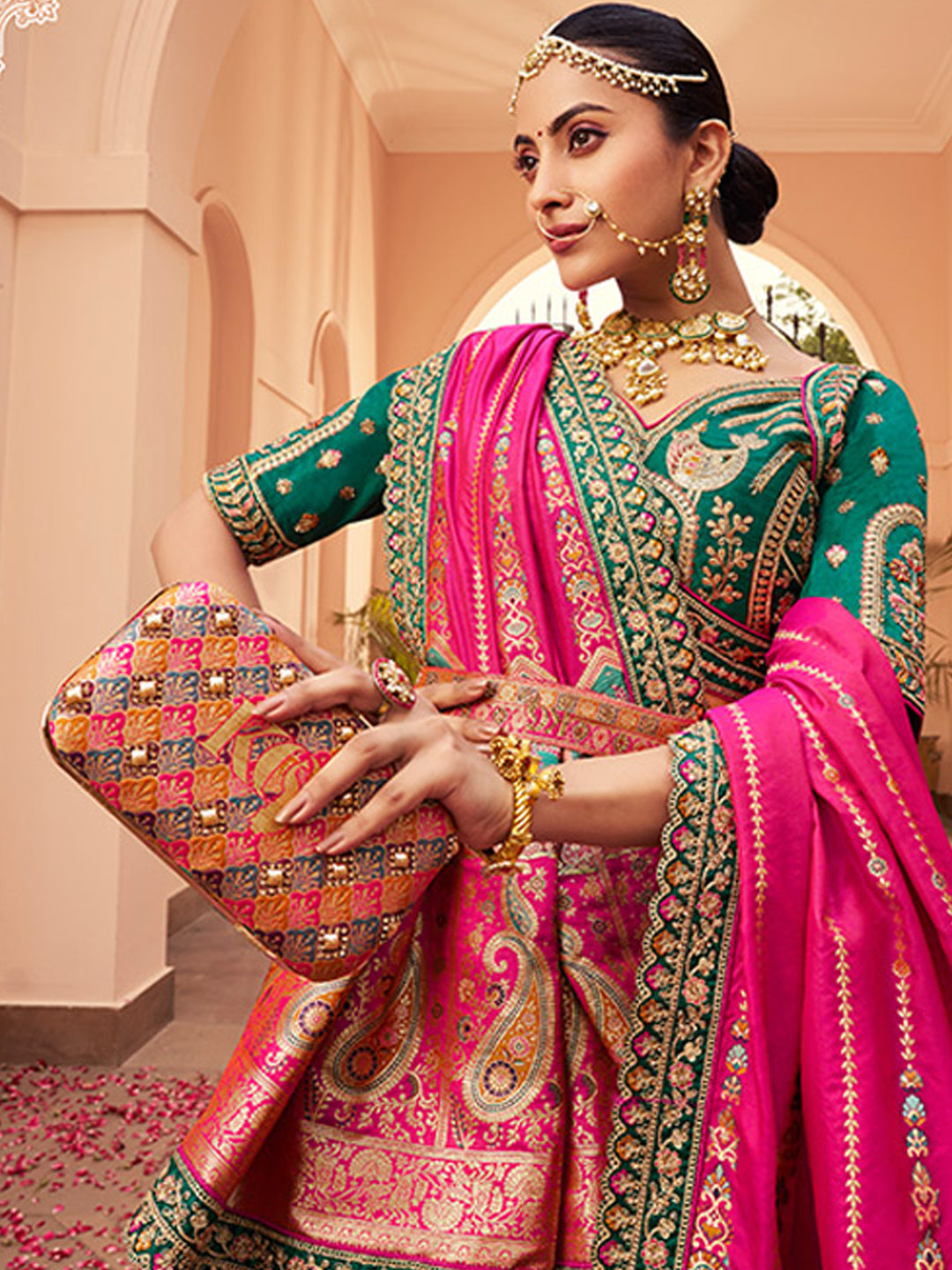 Banarasi Silk  Bridal Lehenga with Embroidered Work in Green and Pink Color -41085
