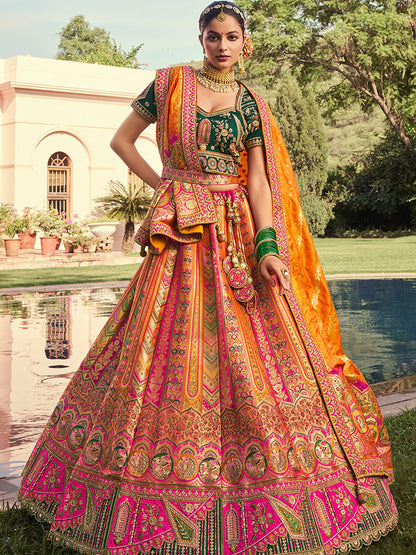Banarasi Silk  Bridal Lehenga with Embroidered Work in Yellow and Pink Color -41086