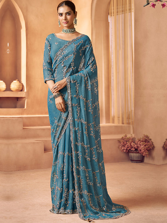 Tissue with Beads Work wedding Saree in Blue color-41025