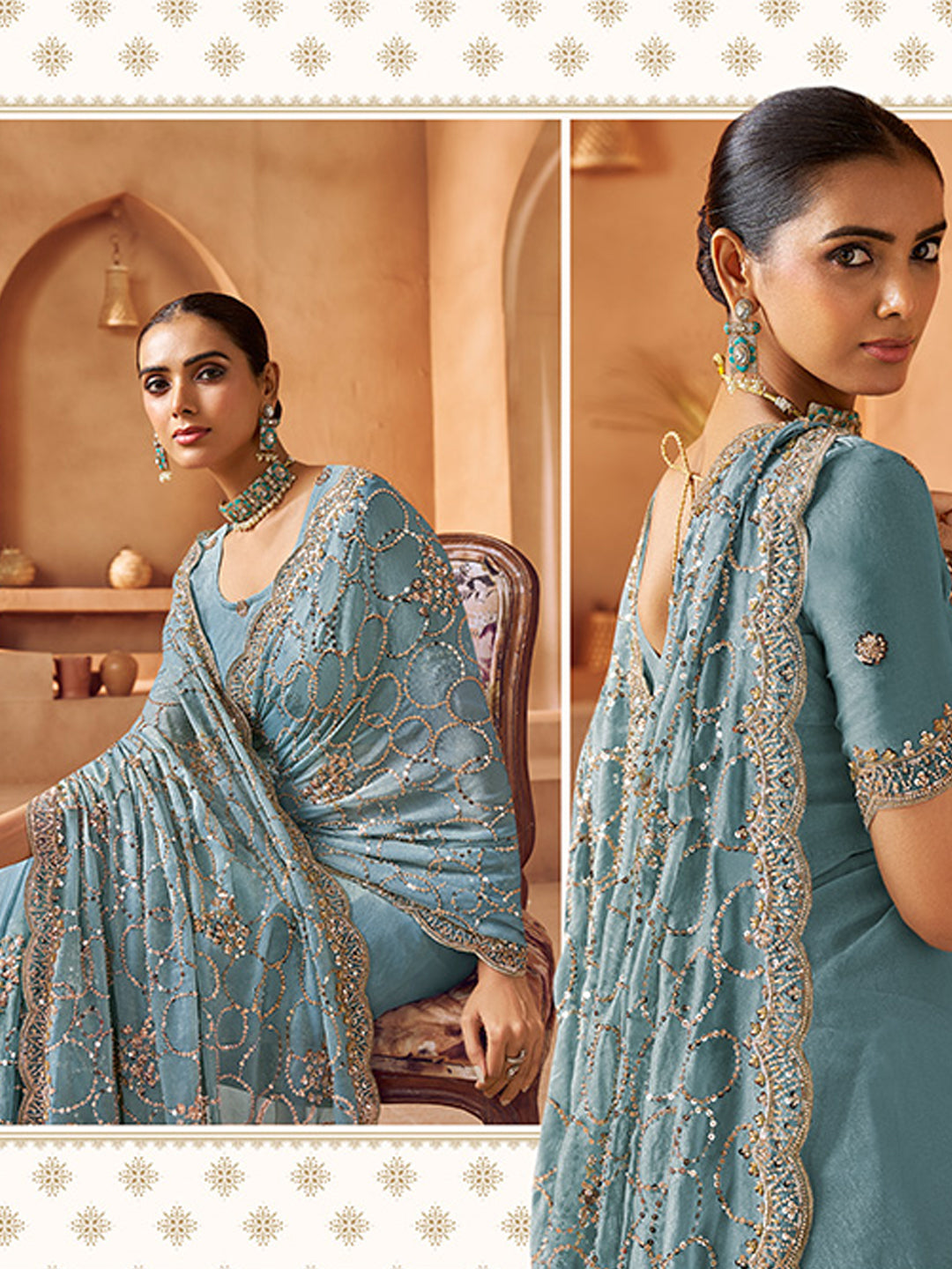 Tissue with Beads Work wedding Saree in Blue color-41026
