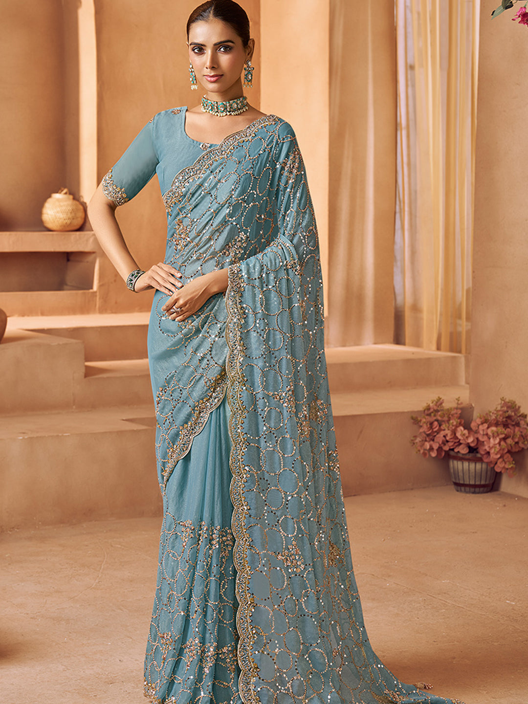 Tissue with Beads Work wedding Saree in Blue color-41026