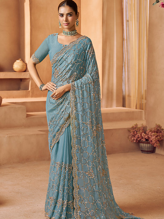 Tissue with Beads Work wedding Saree in Blue color-41026