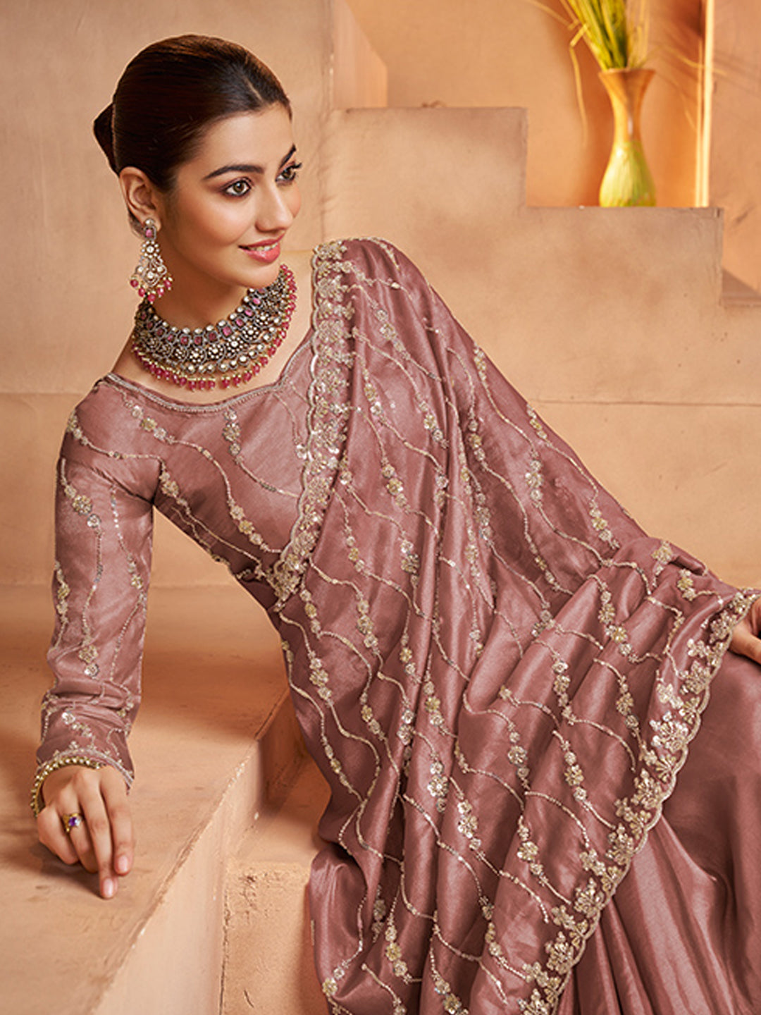 Tissue with Beads Work wedding Saree in Pink color-41029