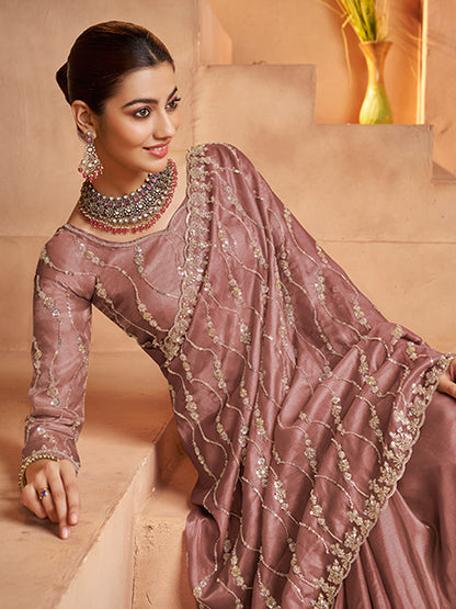 Tissue with Beads Work wedding Saree in Pink color-41029