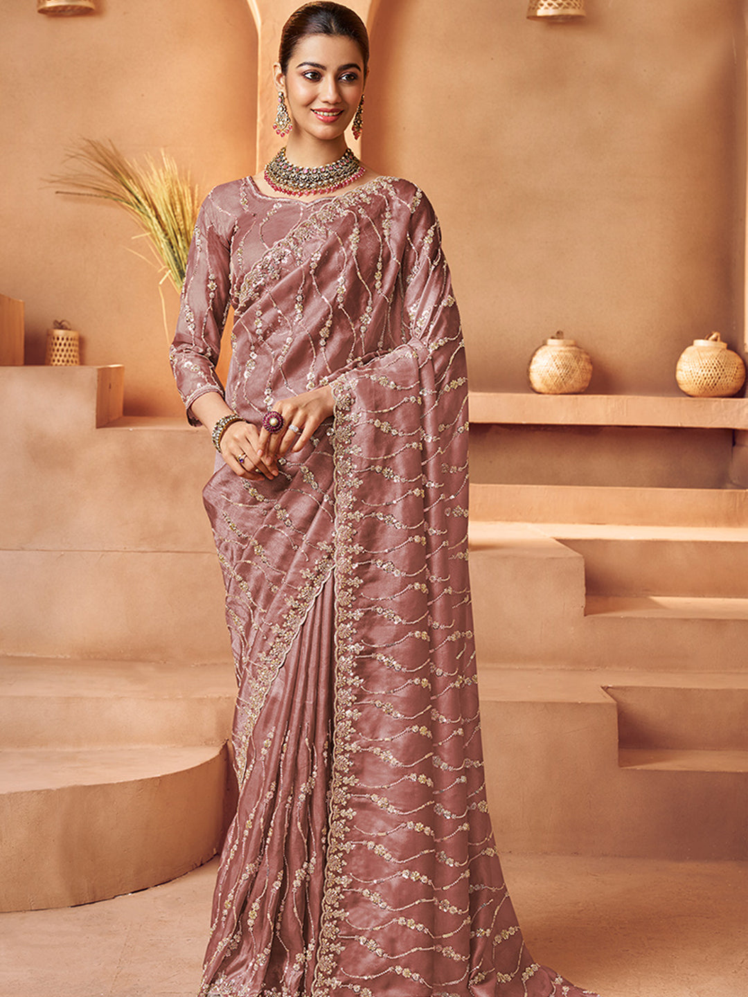 Tissue with Beads Work wedding Saree in Pink color-41029