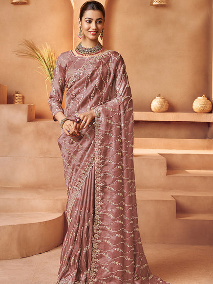 Tissue with Beads Work wedding Saree in Pink color-41029