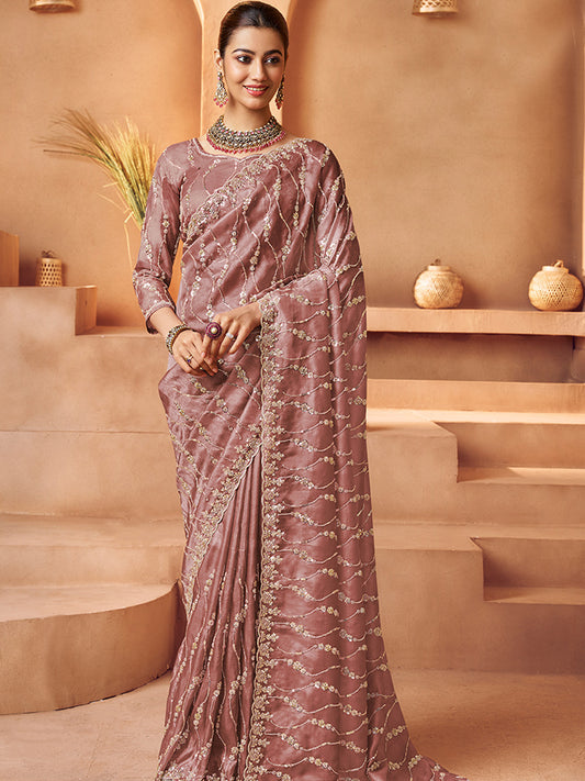 Tissue with Beads Work wedding Saree in Pink color-41029
