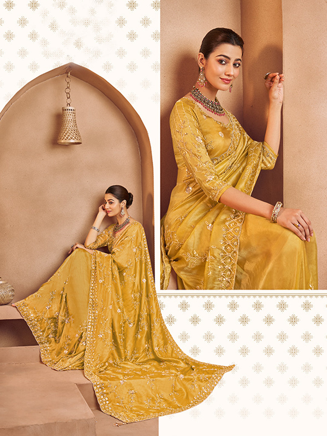 Tissue with Beads Work wedding Saree in Yellow color-41031