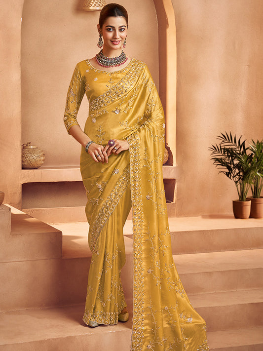 Tissue with Beads Work wedding Saree in Yellow color-41031