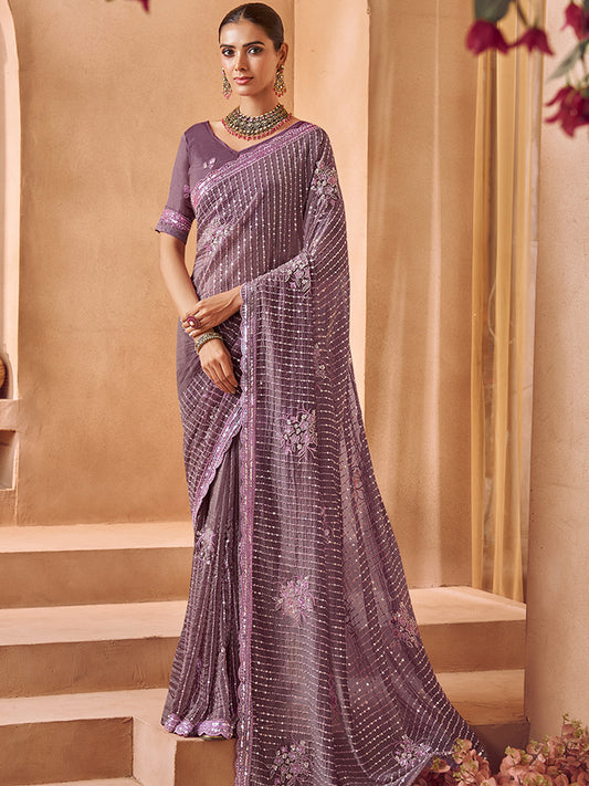 Tissue with Beads Work wedding Saree in Purple color-41032