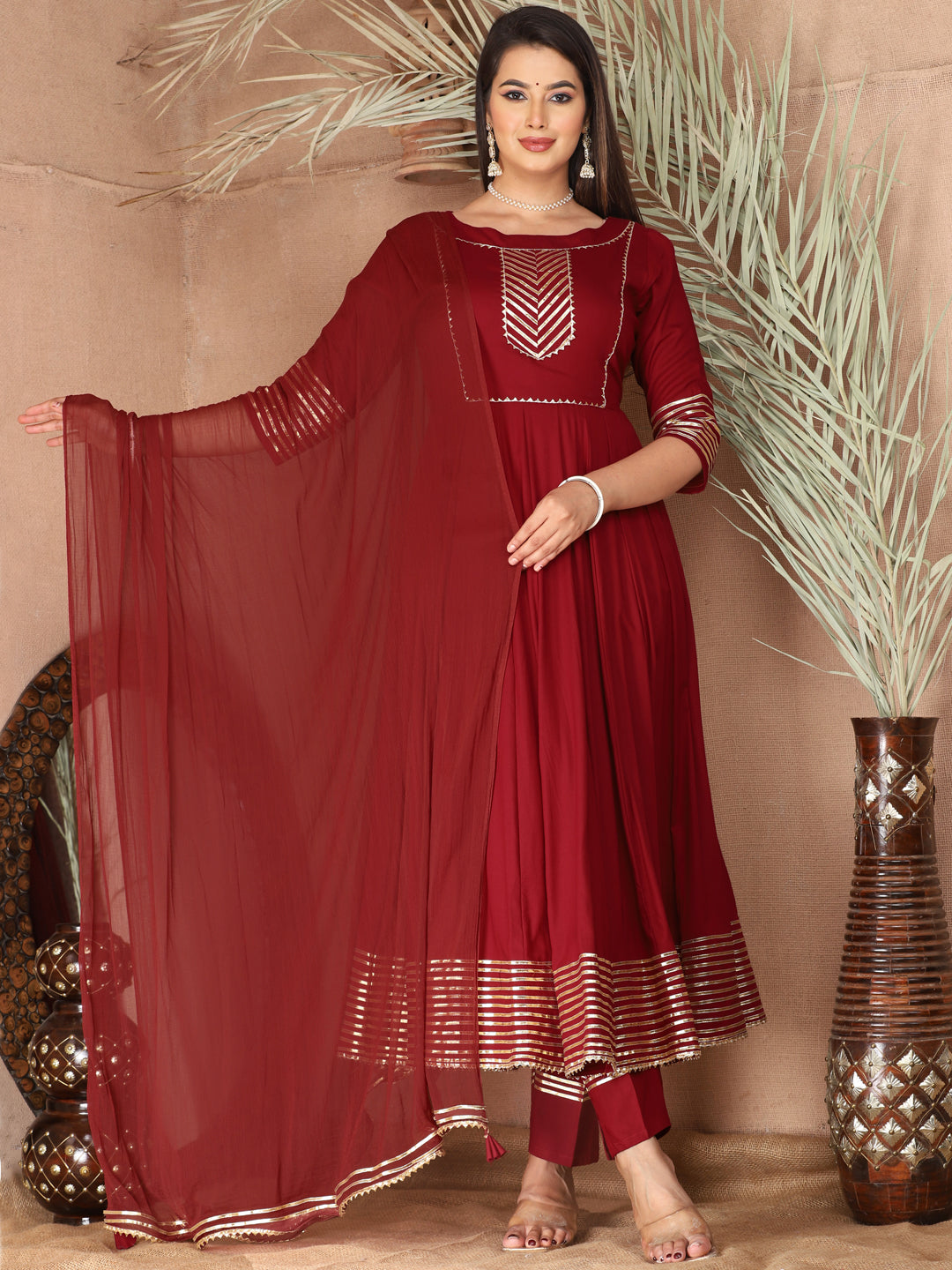 Maroon Anarkali Rayon Kurta Pant Set with Chiffon Dupatta –3 Piece Salwar Kameez-750066