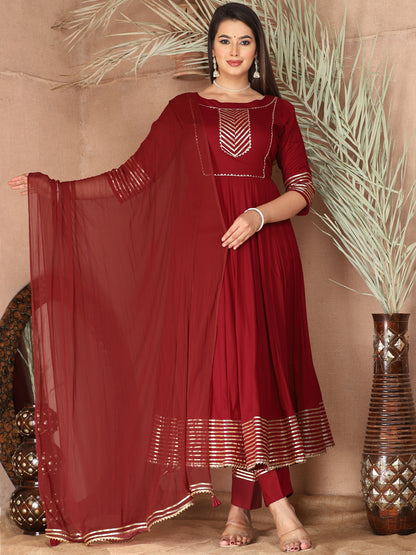 Maroon Anarkali Rayon Kurta Pant Set with Chiffon Dupatta –3 Piece Salwar Kameez-750066