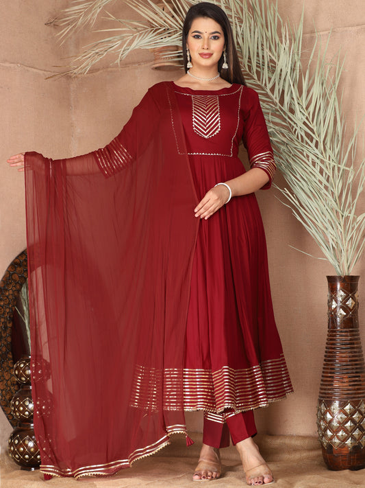 Maroon Anarkali Rayon Kurta Pant Set with Chiffon Dupatta –3 Piece Salwar Kameez-750066