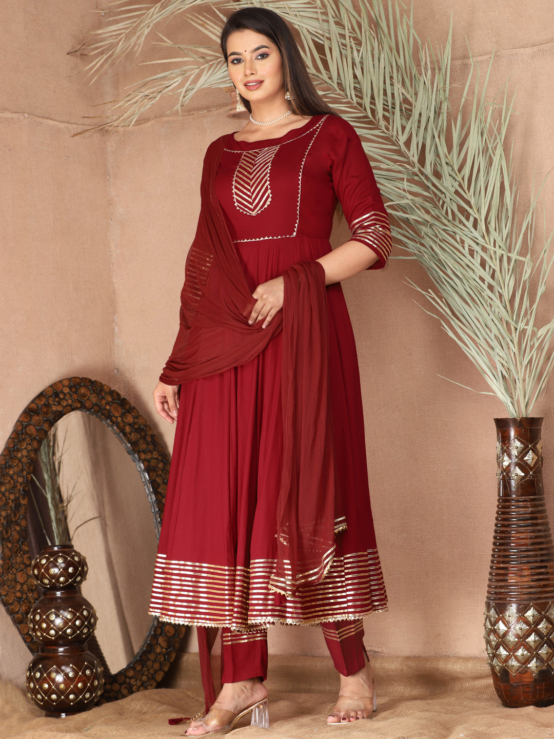 Maroon Anarkali Rayon Kurta Pant Set with Chiffon Dupatta –3 Piece Salwar Kameez-750066