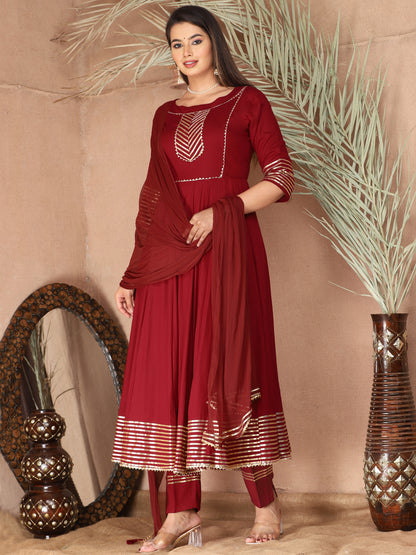 Maroon Anarkali Rayon Kurta Pant Set with Chiffon Dupatta –3 Piece Salwar Kameez-750066