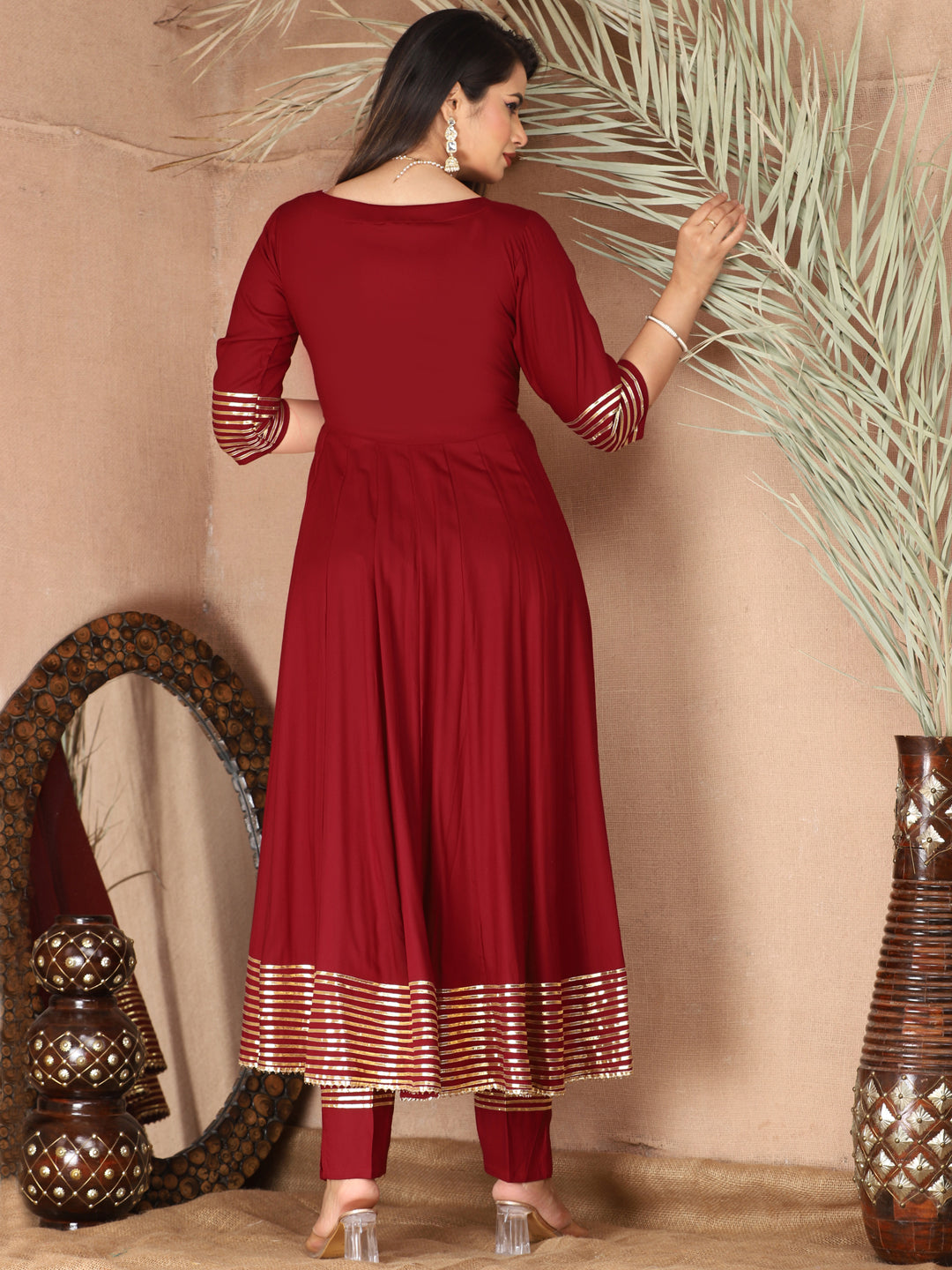Maroon Anarkali Rayon Kurta Pant Set with Chiffon Dupatta –3 Piece Salwar Kameez-750066