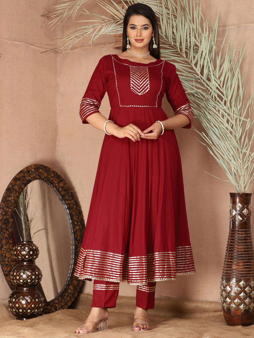 Maroon Anarkali Rayon Kurta Pant Set with Chiffon Dupatta –3 Piece Salwar Kameez-750066