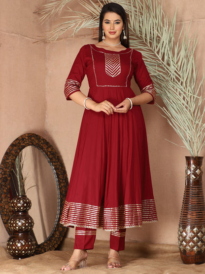 Maroon Anarkali Rayon Kurta Pant Set with Chiffon Dupatta –3 Piece Salwar Kameez-750066