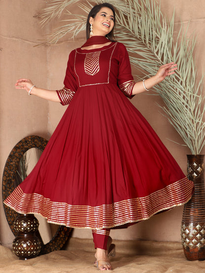 Maroon Anarkali Rayon Kurta Pant Set with Chiffon Dupatta –3 Piece Salwar Kameez-750066