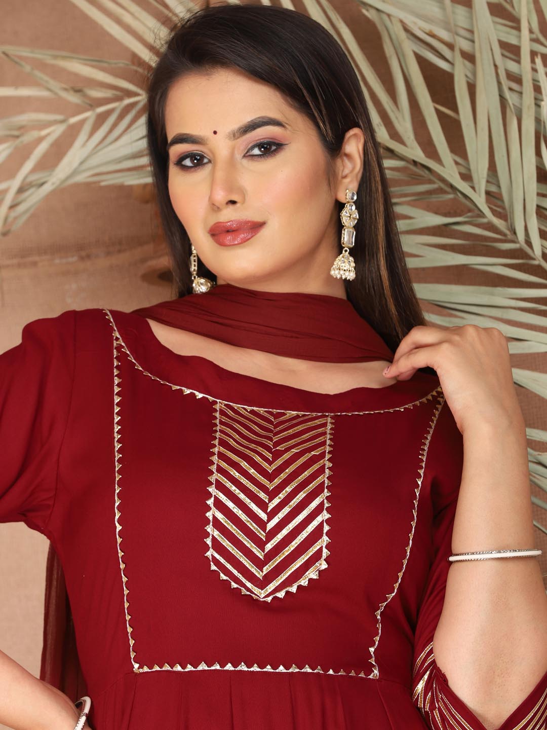 Maroon Anarkali Rayon Kurta Pant Set with Chiffon Dupatta –3 Piece Salwar Kameez-750066
