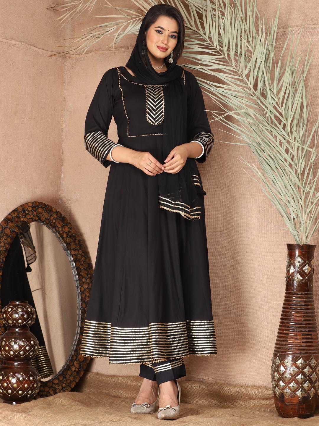 Black Anarkali Rayon Kurta Pant Set with Chiffon Dupatta –3 Piece Salwar Kameez-750067