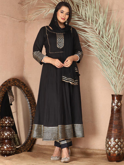 Black Anarkali Rayon Kurta Pant Set with Chiffon Dupatta –3 Piece Salwar Kameez-750067