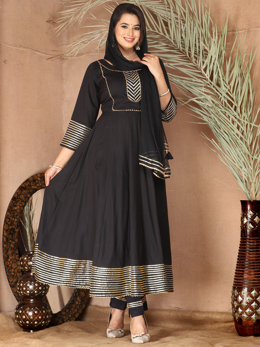 Black Anarkali Rayon Kurta Pant Set with Chiffon Dupatta –3 Piece Salwar Kameez-750067