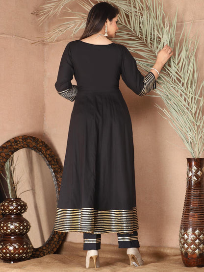 Black Anarkali Rayon Kurta Pant Set with Chiffon Dupatta –3 Piece Salwar Kameez-750067