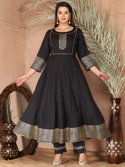 Black Anarkali Rayon Kurta Pant Set with Chiffon Dupatta –3 Piece Salwar Kameez-750067