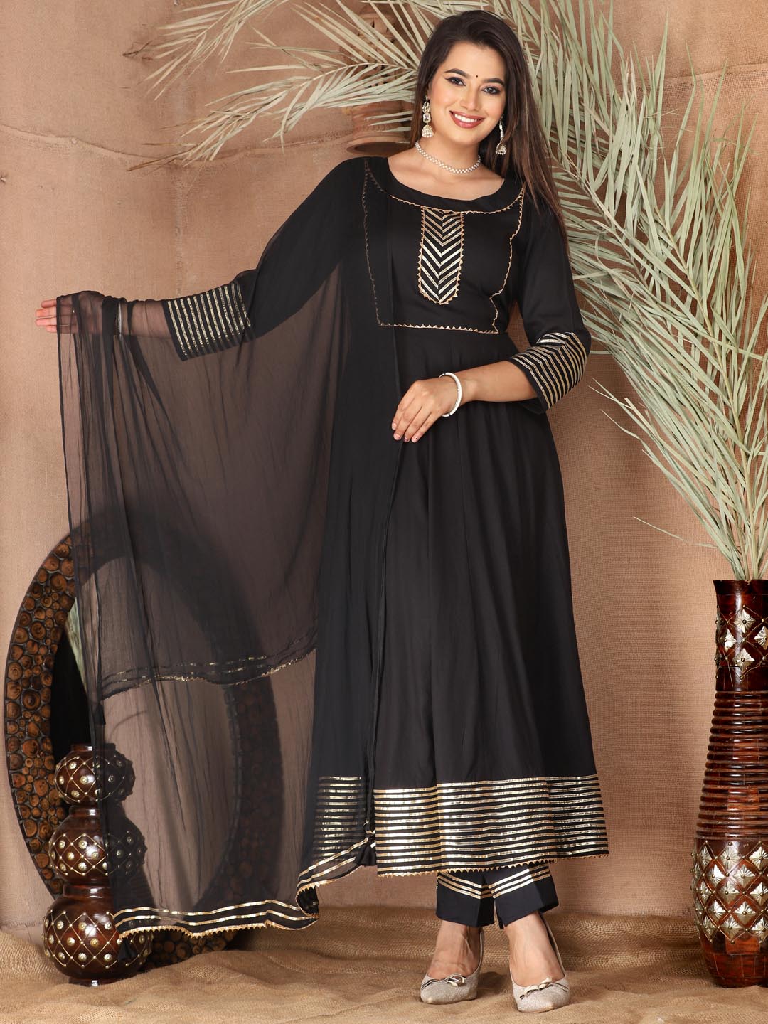 Black Anarkali Rayon Kurta Pant Set with Chiffon Dupatta –3 Piece Salwar Kameez-750067