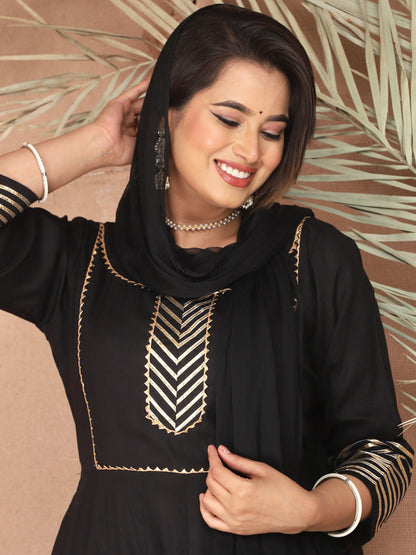 Black Anarkali Rayon Kurta Pant Set with Chiffon Dupatta –3 Piece Salwar Kameez-750067