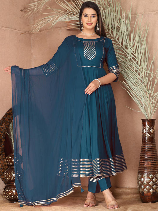 Blue Anarkali Rayon Kurta Pant Set with Chiffon Dupatta –3 Piece Salwar Kameez-750068