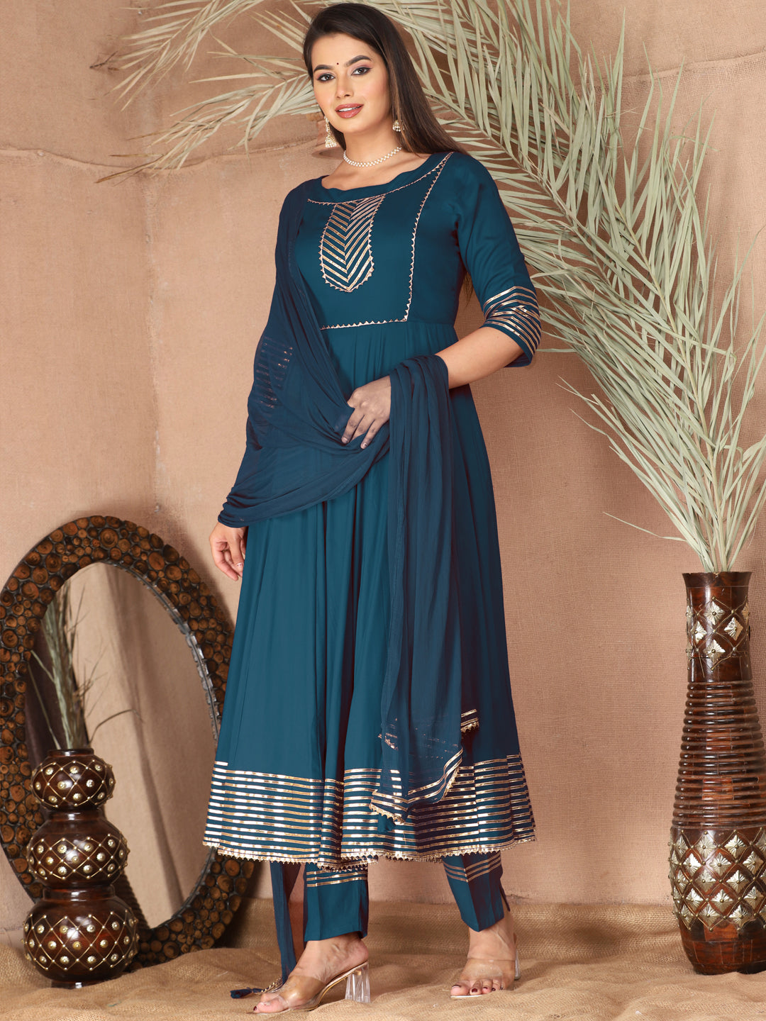 Blue Anarkali Rayon Kurta Pant Set with Chiffon Dupatta –3 Piece Salwar Kameez-750068