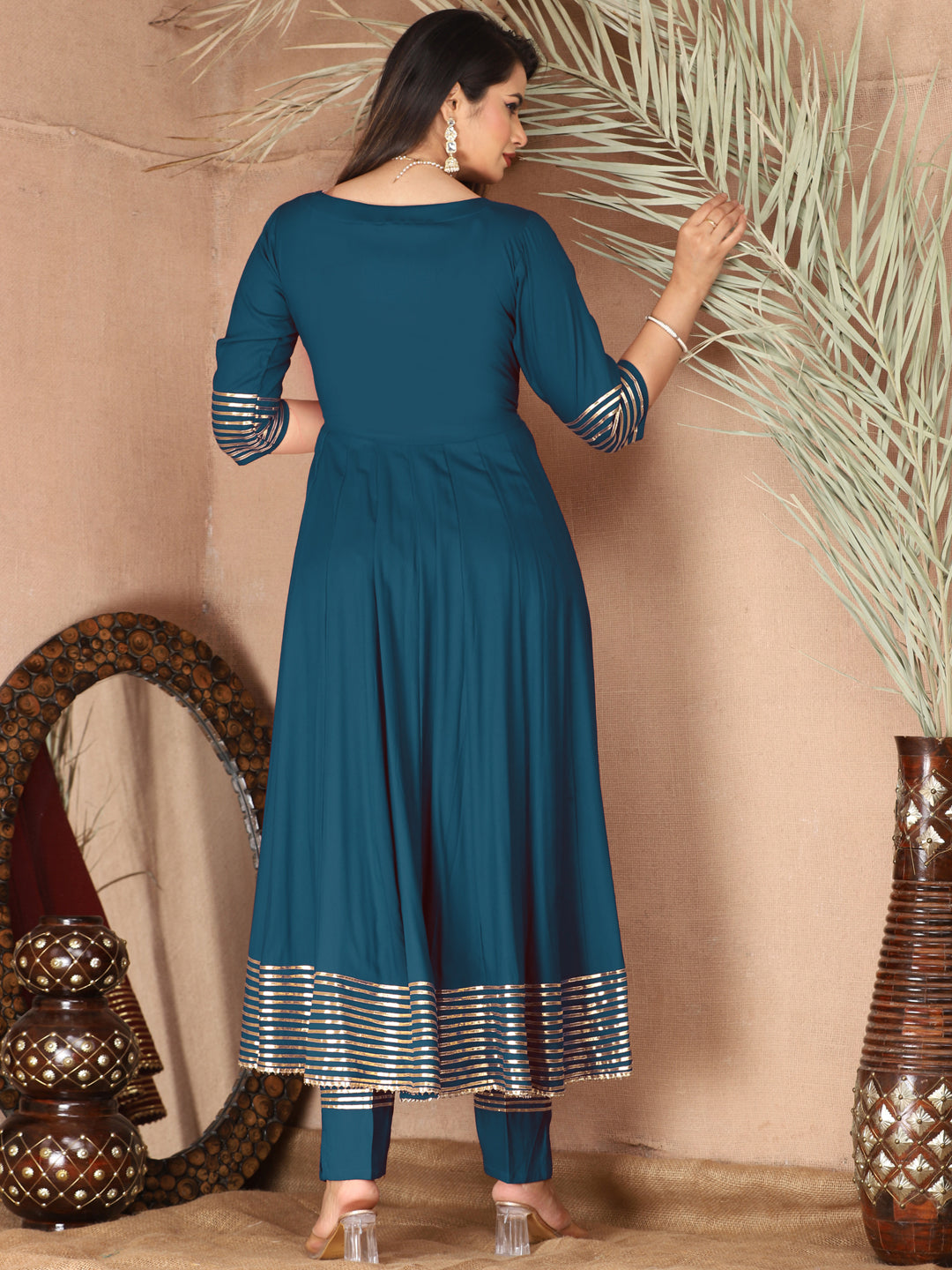 Blue Anarkali Rayon Kurta Pant Set with Chiffon Dupatta –3 Piece Salwar Kameez-750068