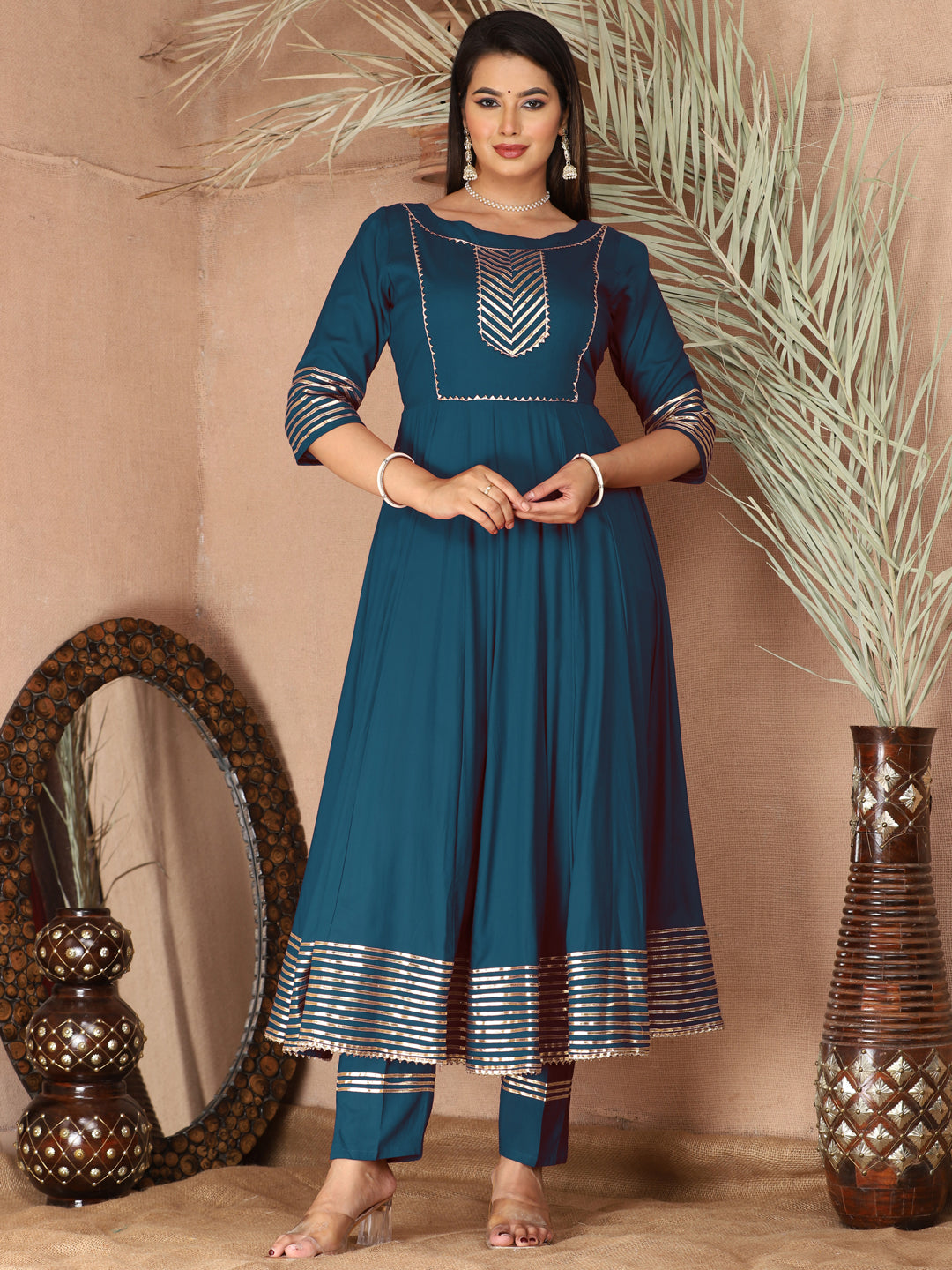 Blue Anarkali Rayon Kurta Pant Set with Chiffon Dupatta –3 Piece Salwar Kameez-750068