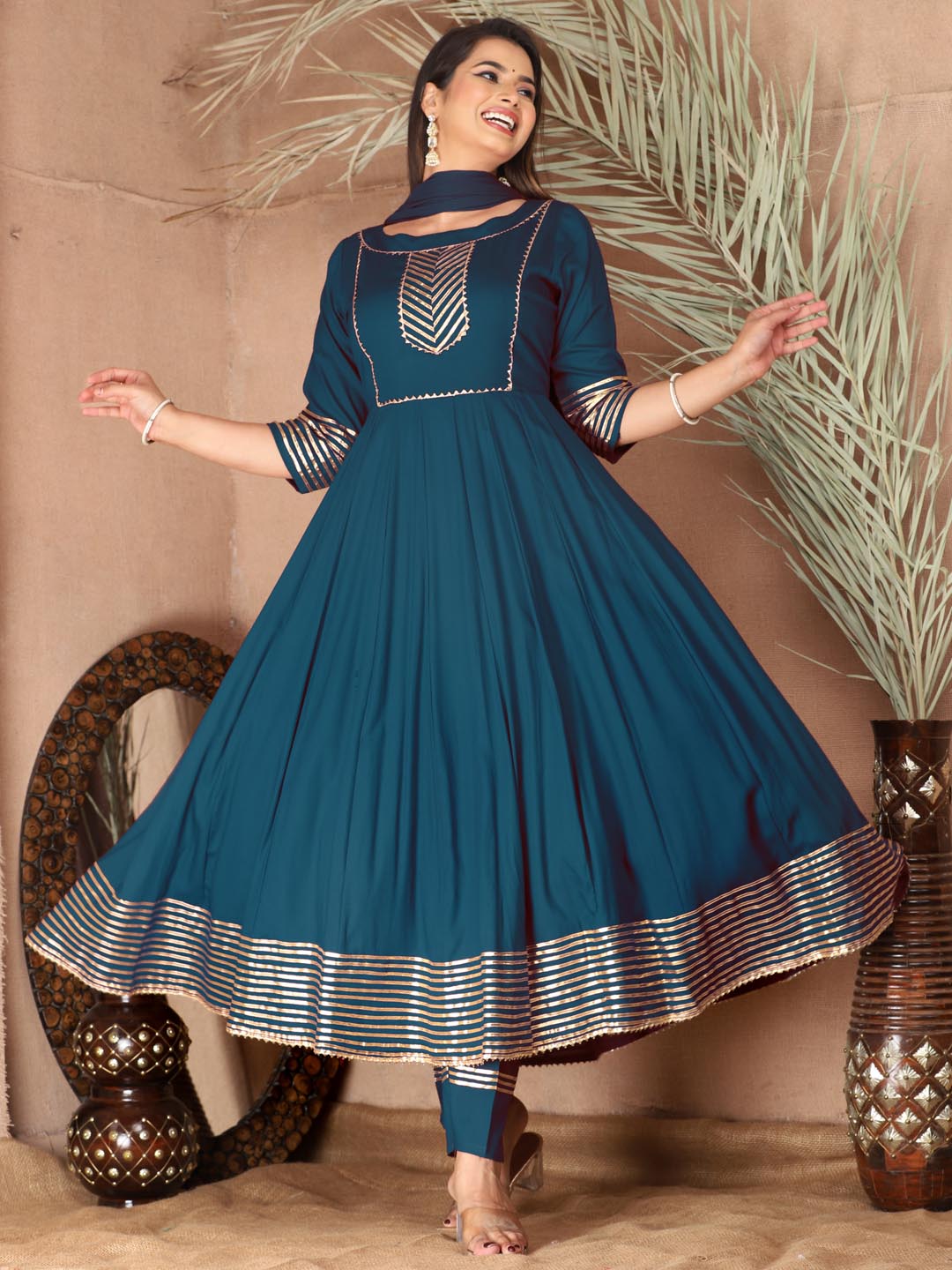 Blue Anarkali Rayon Kurta Pant Set with Chiffon Dupatta –3 Piece Salwar Kameez-750068