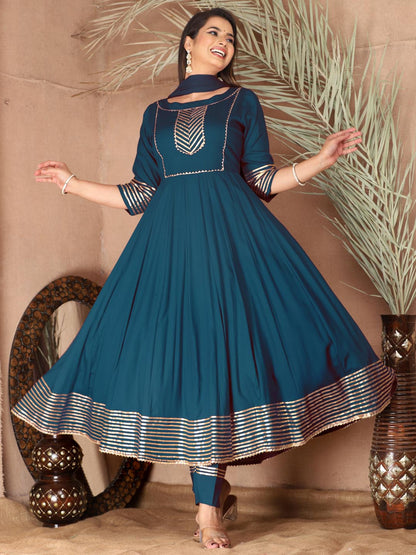 Blue Anarkali Rayon Kurta Pant Set with Chiffon Dupatta –3 Piece Salwar Kameez-750068