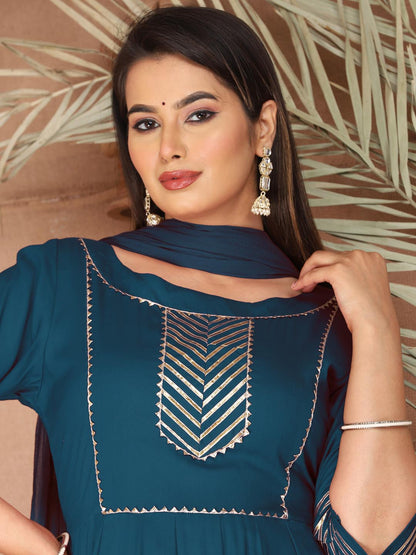 Blue Anarkali Rayon Kurta Pant Set with Chiffon Dupatta –3 Piece Salwar Kameez-750068