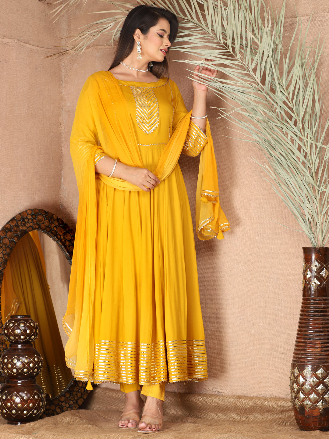 Yellow Anarkali Rayon Kurta Pant Set with Chiffon Dupatta –3 Piece Salwar Kameez-750069