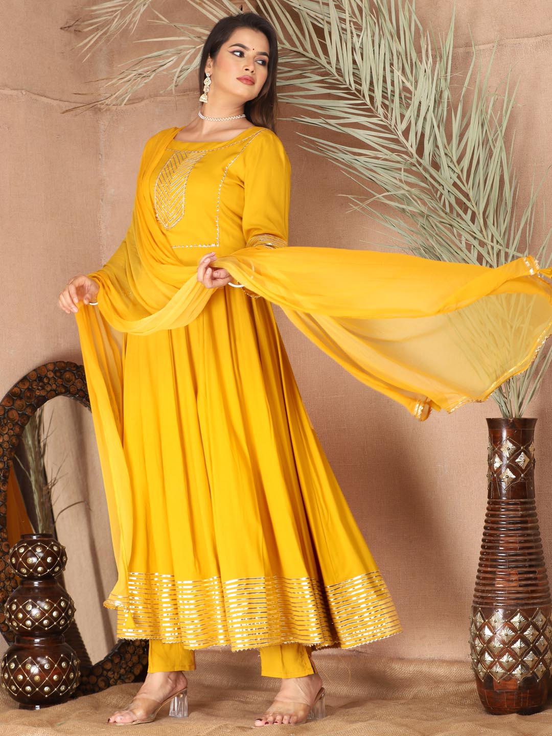 Yellow Anarkali Rayon Kurta Pant Set with Chiffon Dupatta –3 Piece Salwar Kameez-750069