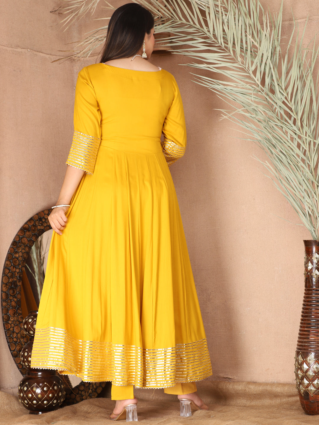 Yellow Anarkali Rayon Kurta Pant Set with Chiffon Dupatta –3 Piece Salwar Kameez-750069