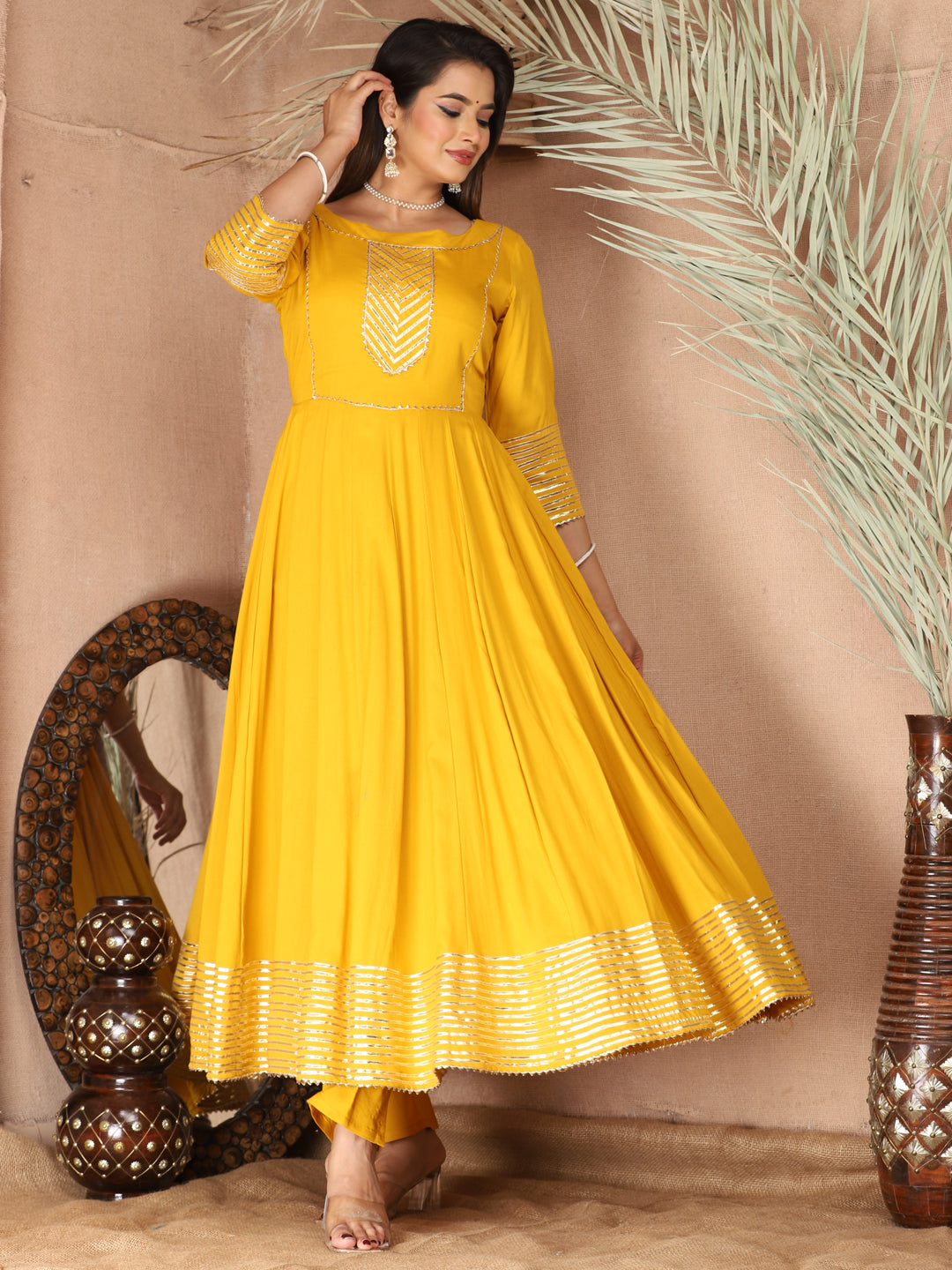 Yellow Anarkali Rayon Kurta Pant Set with Chiffon Dupatta –3 Piece Salwar Kameez-750069