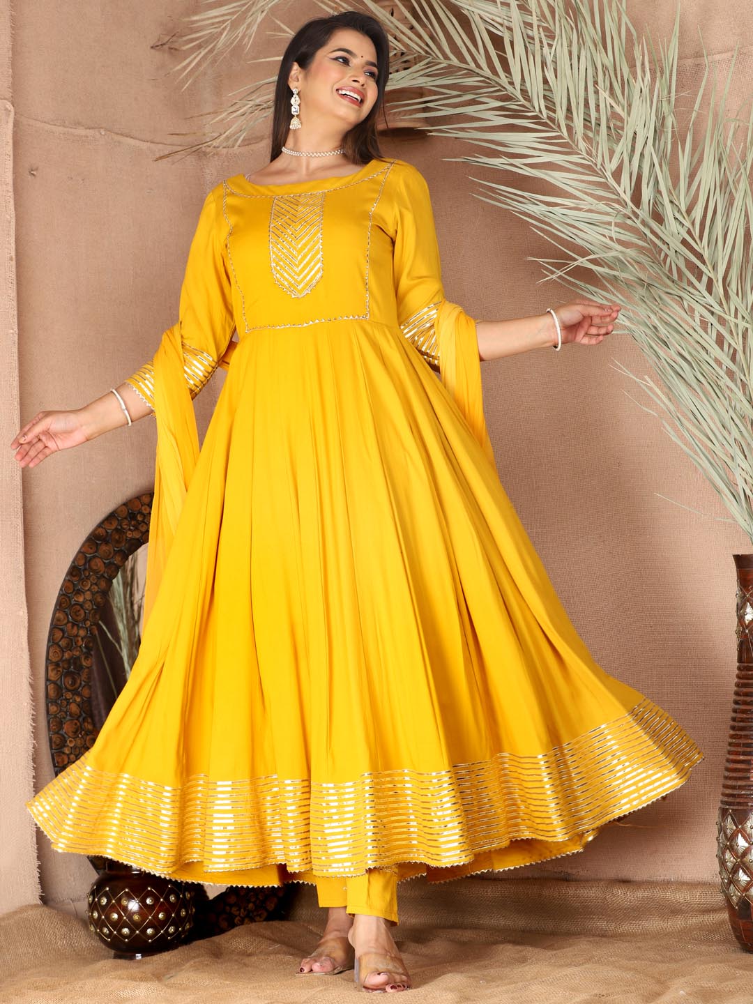 Yellow Anarkali Rayon Kurta Pant Set with Chiffon Dupatta –3 Piece Salwar Kameez-750069