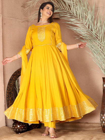 Yellow Anarkali Rayon Kurta Pant Set with Chiffon Dupatta –3 Piece Salwar Kameez-750069
